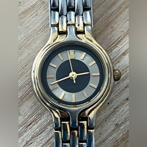 Bill Blass Vintage Ladies Watch Black Silver Dial Gold/Stainless Bracelet